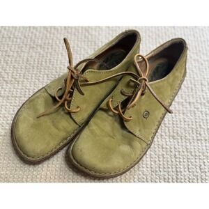 Born Women Suede Leather Oxford Shoes Olive Green Lace Up Flats Size 8 EU 39